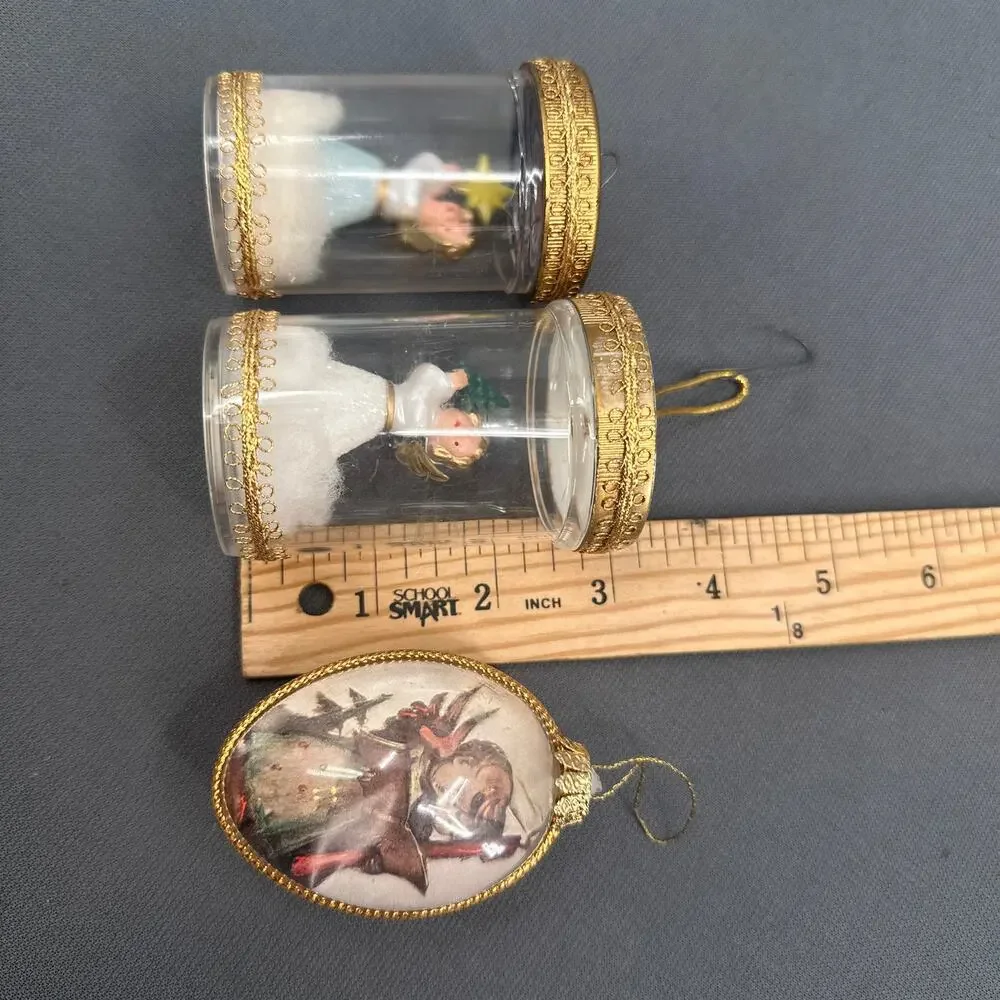 VTG Handmade Baby Angel Pill Bottle Ornament Set 3 Plastic Diorama Gold Trim 50s